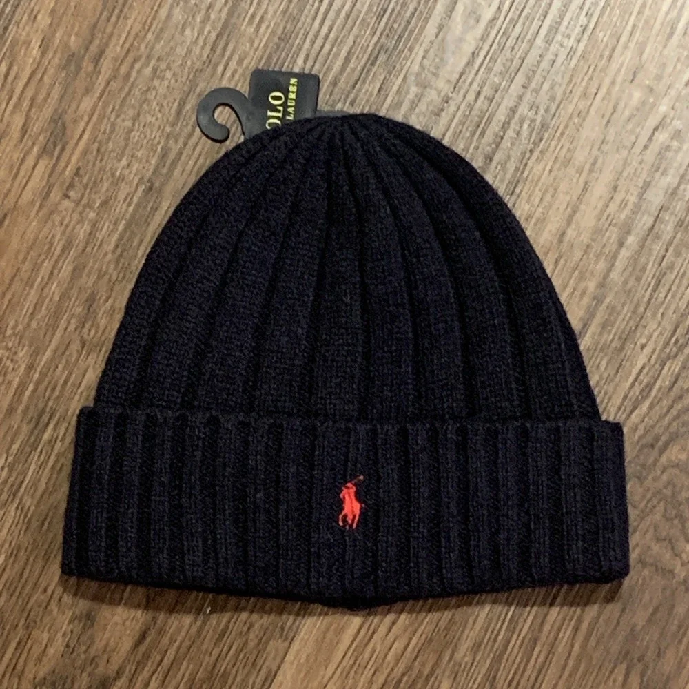 Polo Ralph Lauren Signature Merino Navy Wool Blend Red Pony Cuffed Beanie Cap